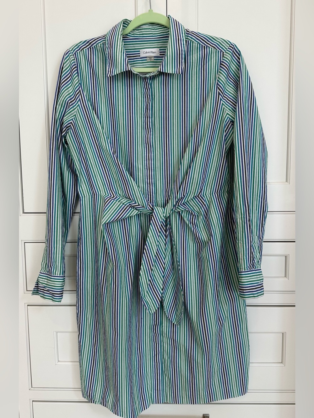 CALVIN KLEIN green blue pinstripe 100% cotton shirt dress waist tie sz 10